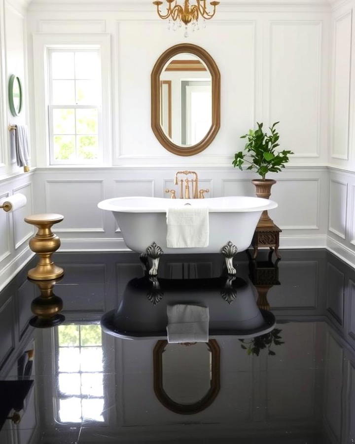 Polished Black Floors with White Wainscoting