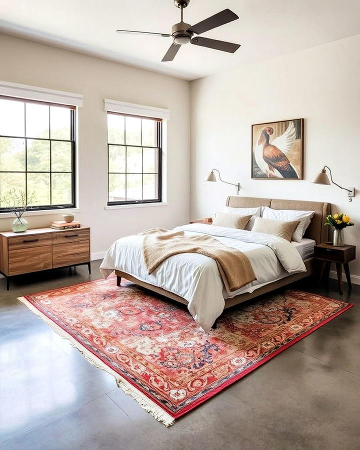 Polished Concrete Bedroom Floor With Area Rugs