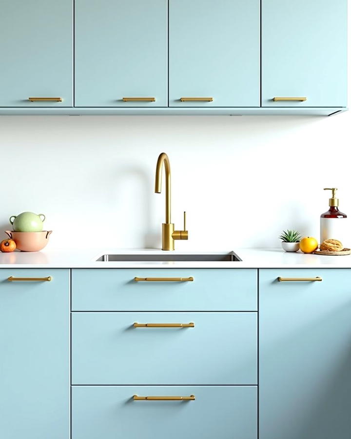 Powder Blue Cabinets with Polished Gold Handles