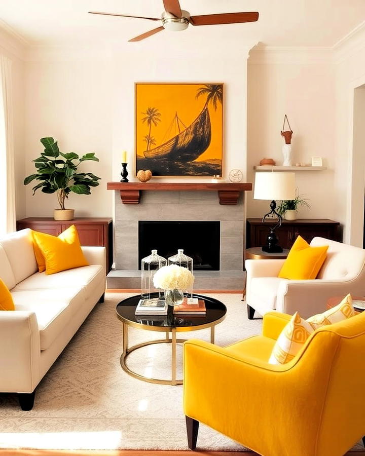 Pretty Cream Living Room With Pops of Yellow