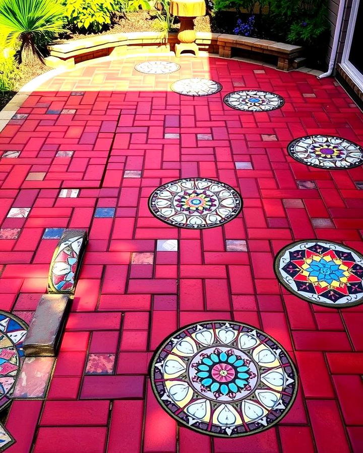 Red Paver Patio with Mosaic Design