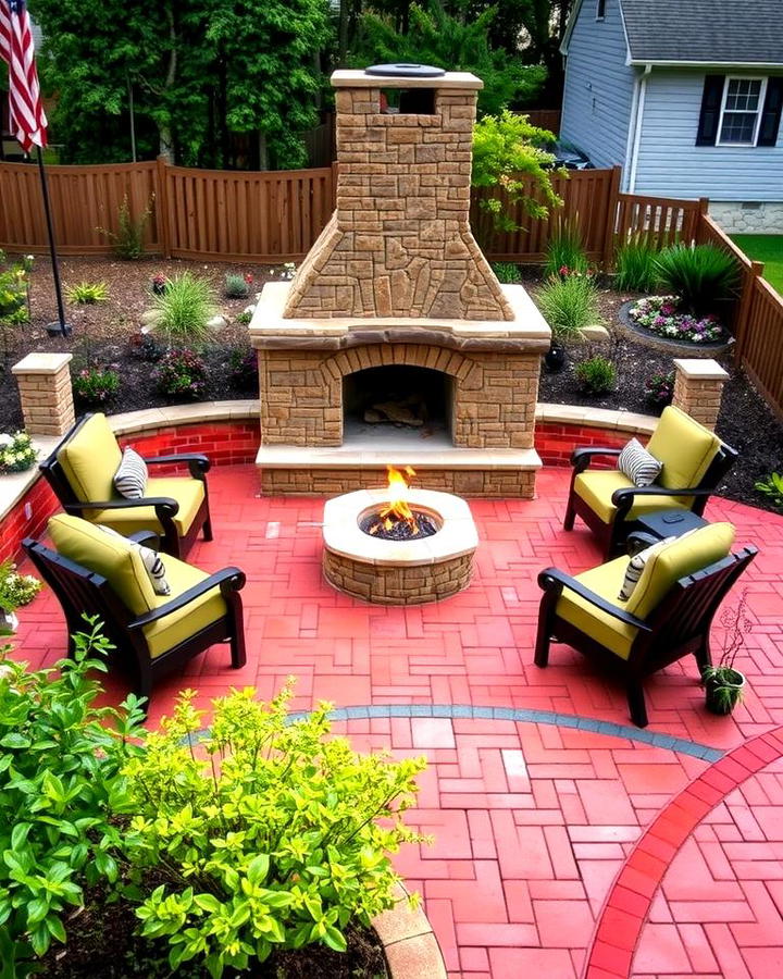 Red Paver Patio with Outdoor Fireplace