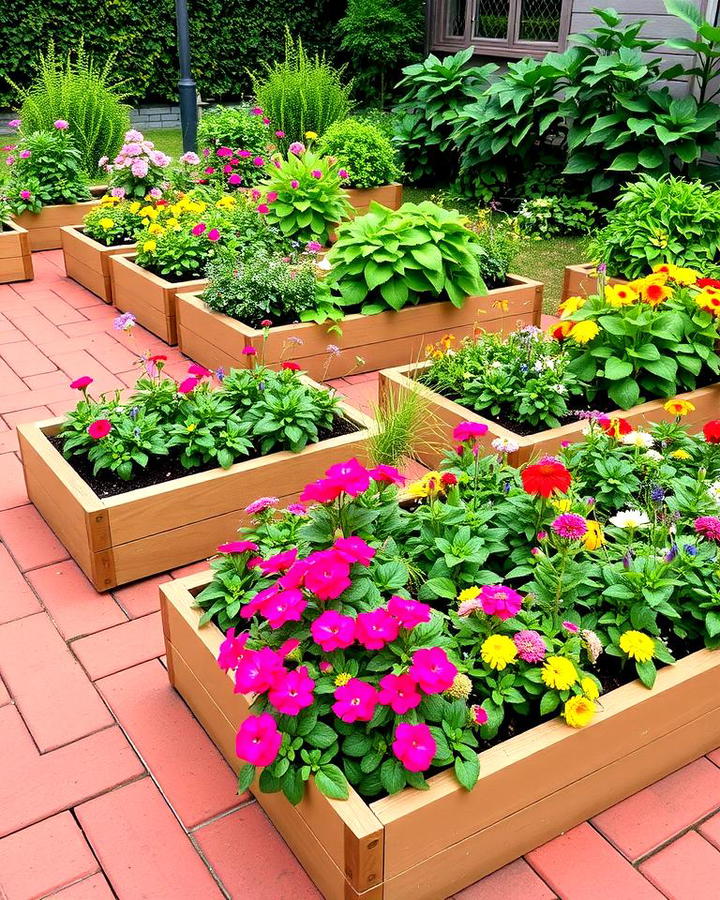 Red Paver Patio with Raised Garden Beds