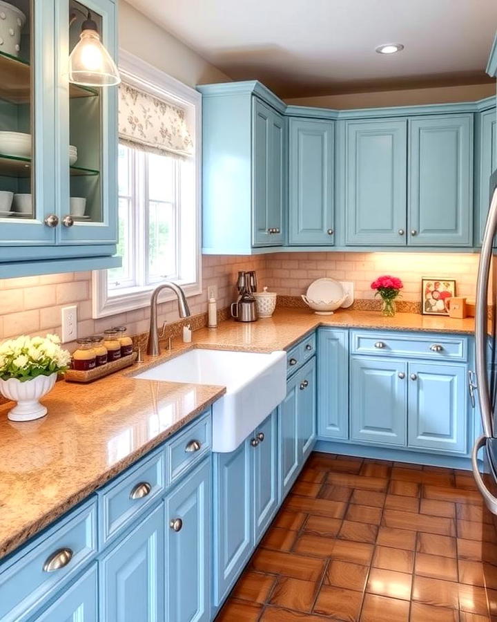 Robins Egg Blue Cabinets with Golden Brown Granite