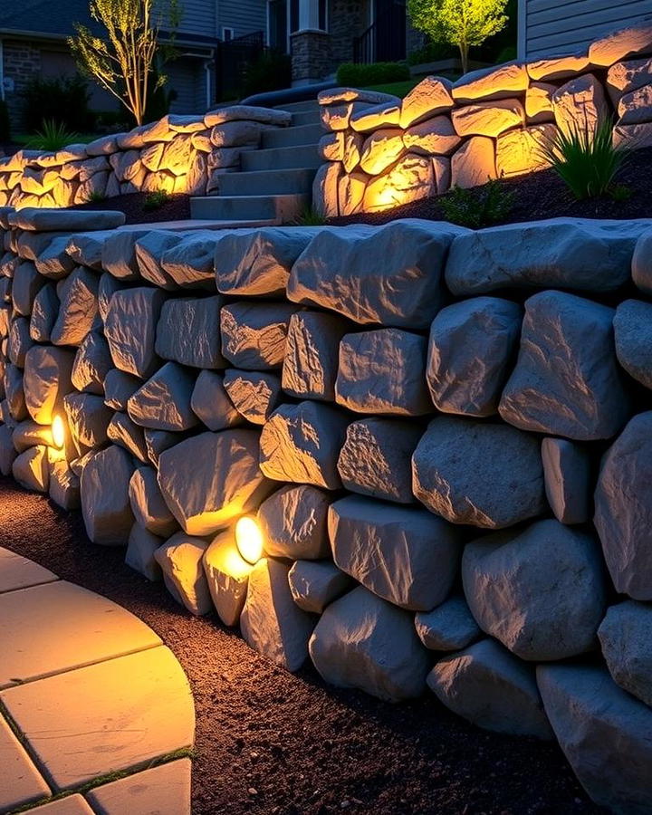 Rock Retaining Wall with Built In Lighting