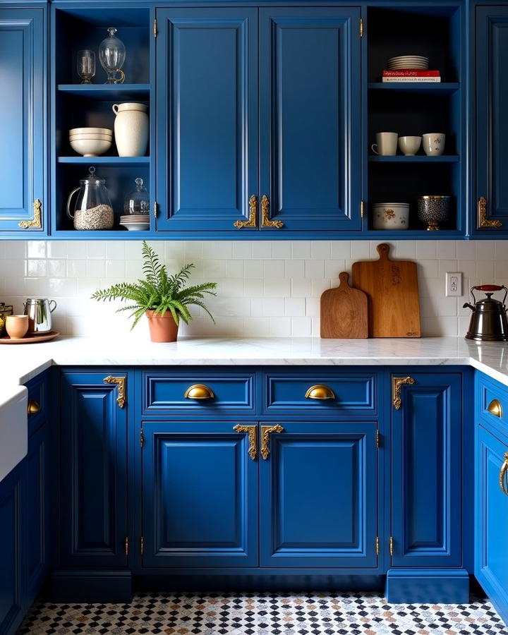 Royal Blue Cabinets with Antique Gold Pulls