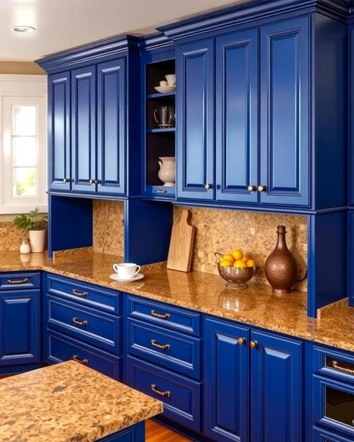 Royal Blue Cabinets with Bronze Brown Granite