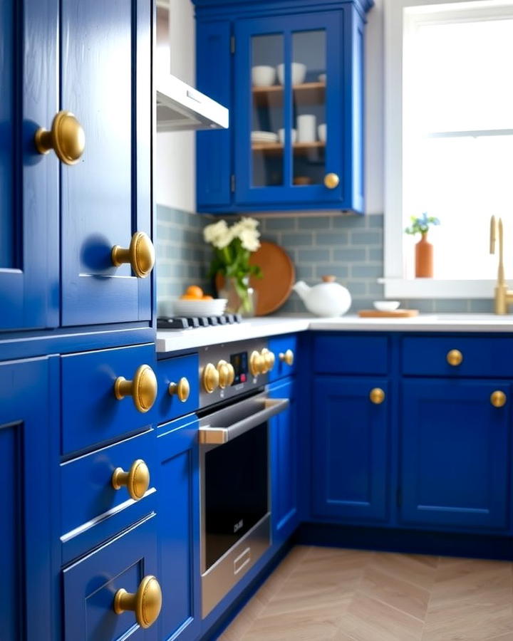 Royal Blue Cabinets with Matte Gold Knobs