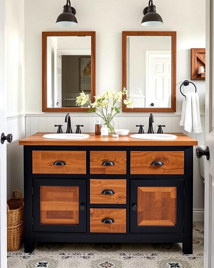 Rustic Black Vanity with Wooden Accents