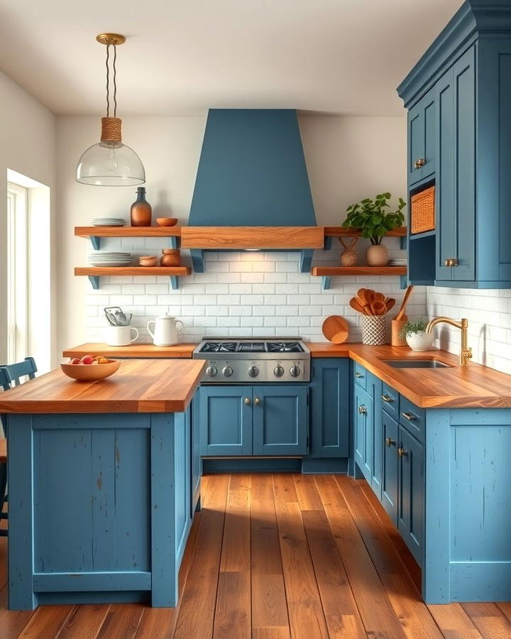 Rustic Blue Islands with Wooden Countertops