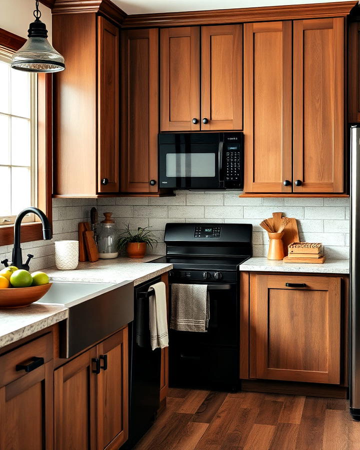 Rustic Brown Cabinets With Black Appliances