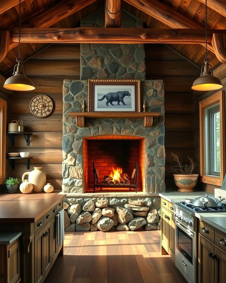 Rustic Cabin Kitchen with a Log Fireplace