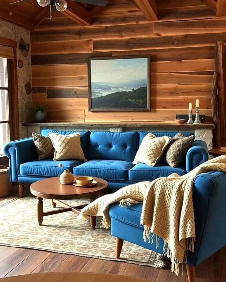 Rustic Charm with a Blue Couch Centerpiece