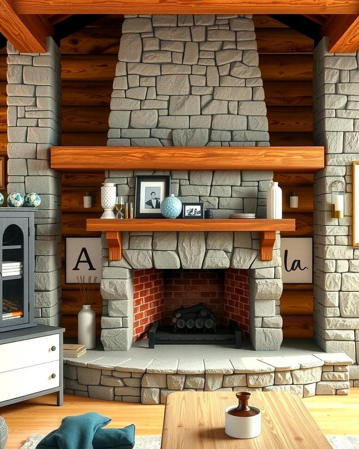 Rustic Faux Stone Fireplace with Wooden Mantel