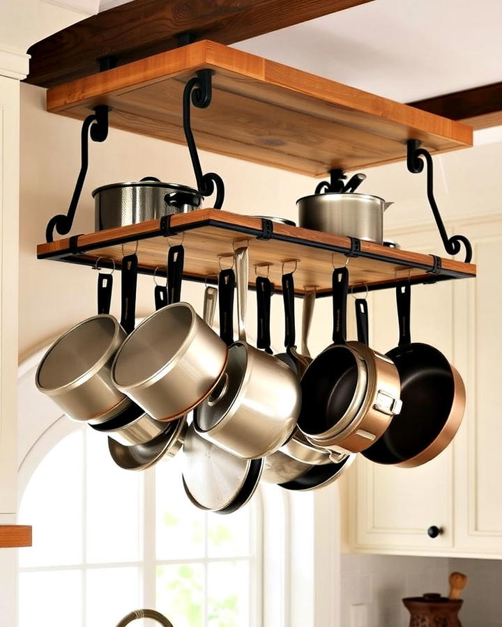 Rustic Pot Rack in Earthy Kitchen