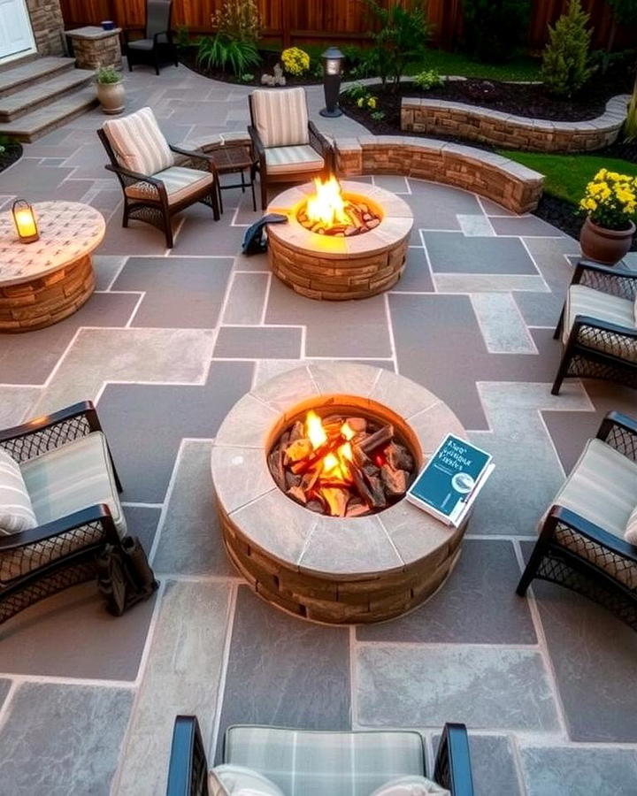 Rustic Stamped Concrete Patio with Stone Inspired Fire Pit