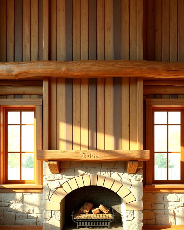 Rustic Wooden Beam Mantel Fireplace with Windows