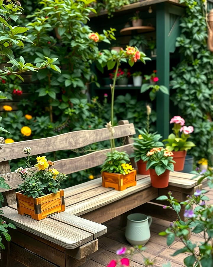 Rustic Wooden Bench with Planters