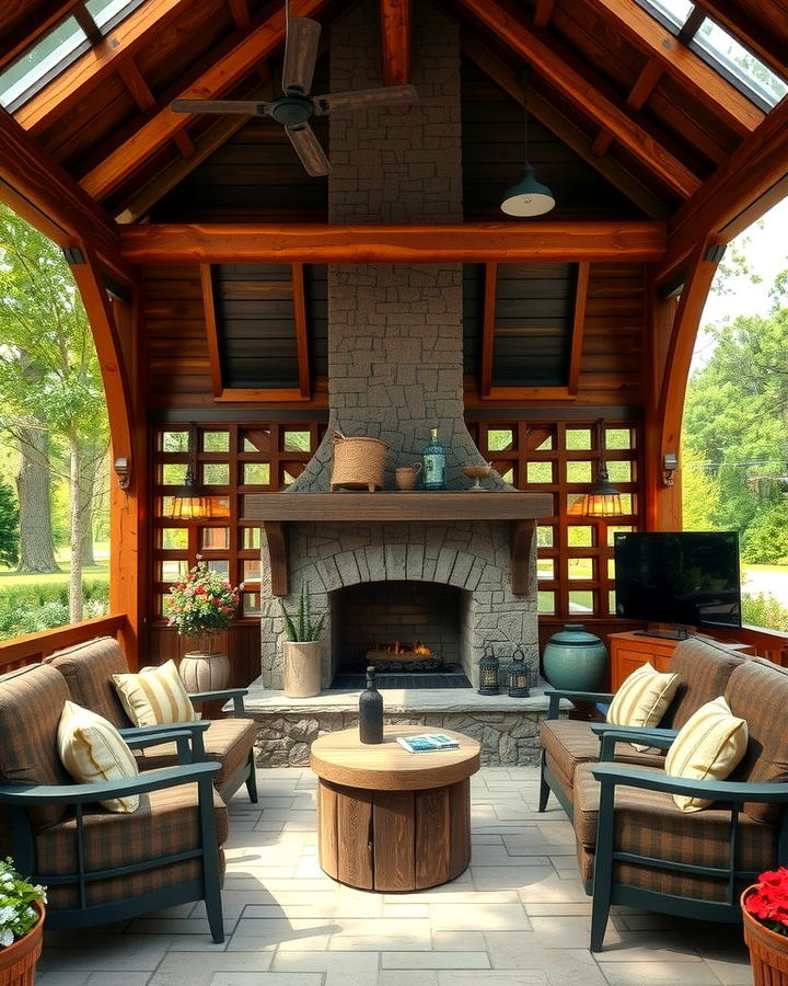 Rustic Wooden Gazebo with Stone Fireplace