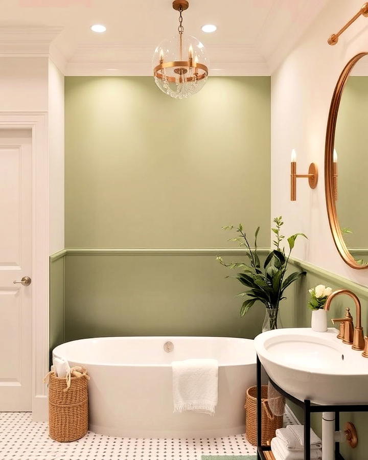 Sage Green Accent Wall in Cream Bathroom