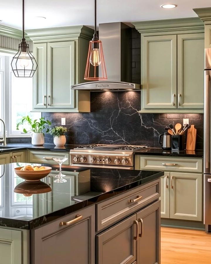 Sage Green Cabinets with Black Quartz Countertops