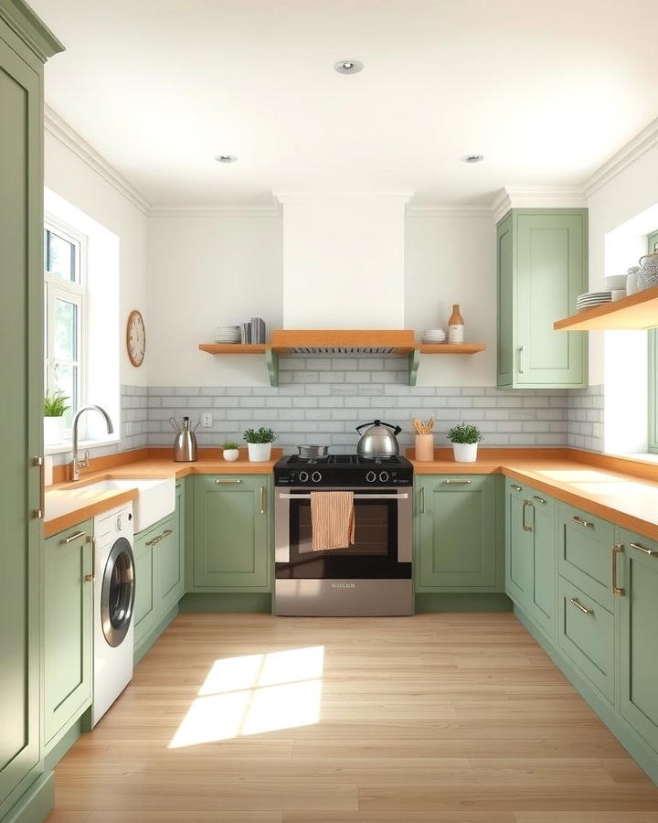 Sage Green Cabinets with Light Oak Features