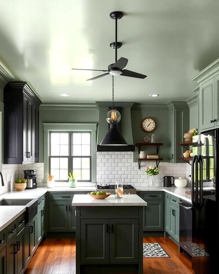 Sage Green Ceiling with Black Fixtures