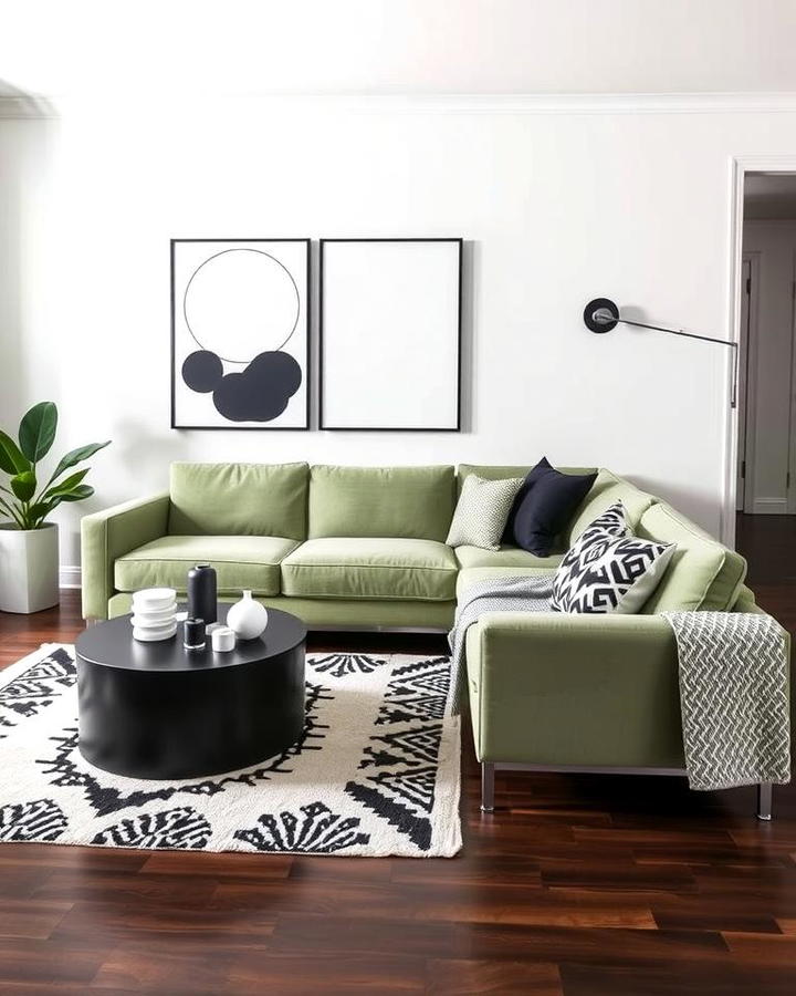 Sage Green Couch with Black and White Decor