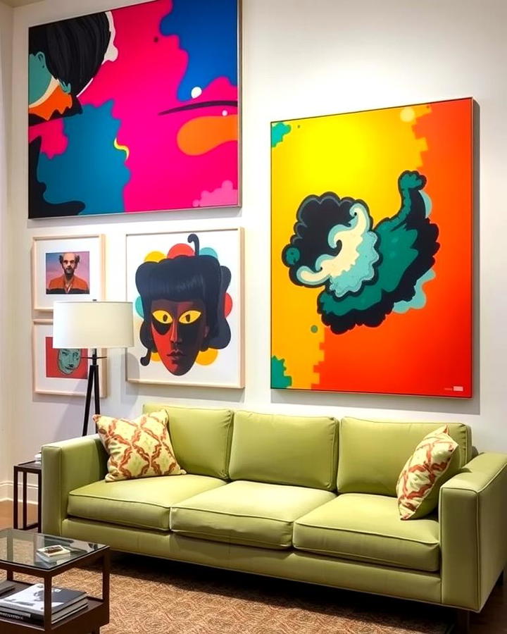 Sage Green Couch with Bold Artwork