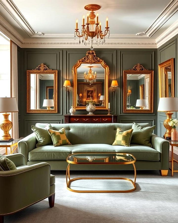 Sage Green Couch with Gold Accents