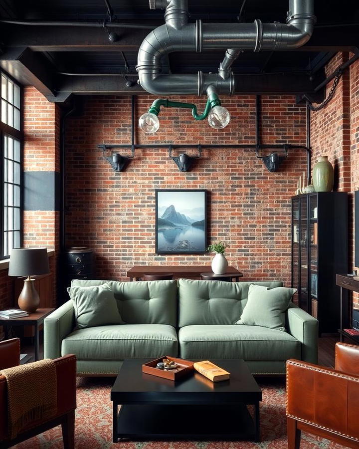 Sage Green Couch with Industrial Decor