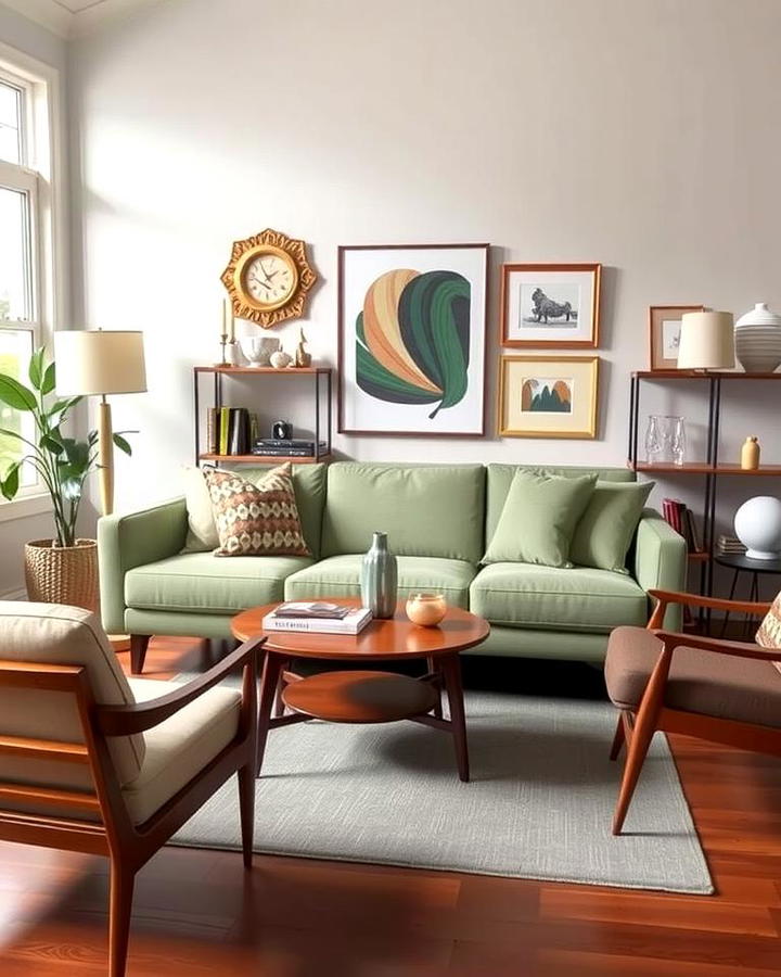 Sage Green Couch with Mid Century Modern Decor