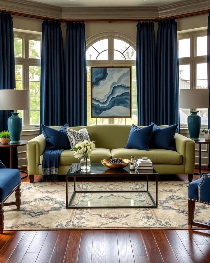 Sage Green Couch with Navy Blue Accents