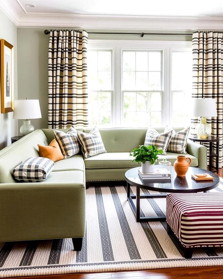 Sage Green Couch with Striped Patterns