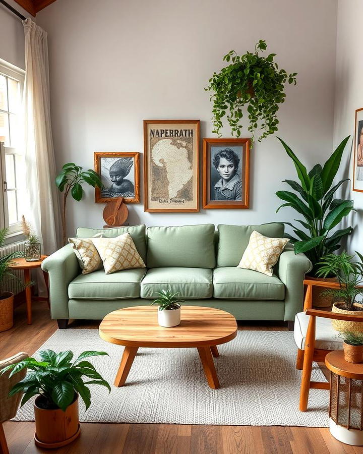 Sage Green Couch with Wooden Accents