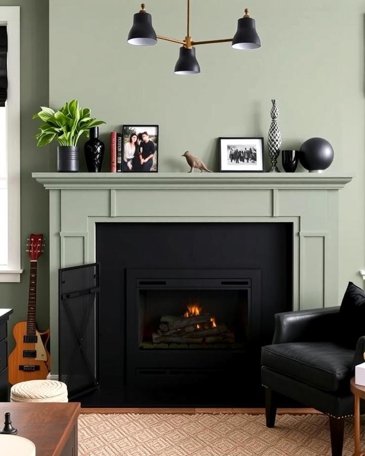 Sage Green Fireplace with Black Accents