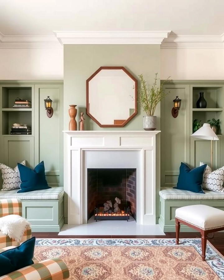 Sage Green Fireplace with Built in Seating