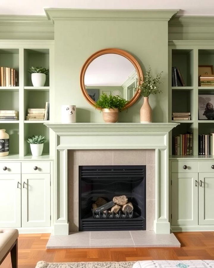 Sage Green Fireplace with Built in Shelves