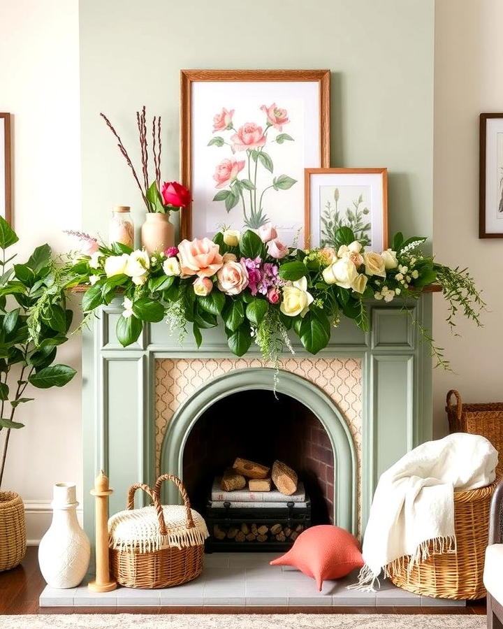 Sage Green Fireplace with Floral Decor