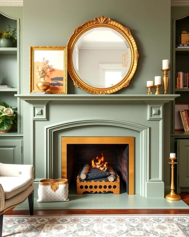 Sage Green Fireplace with Gold Accents