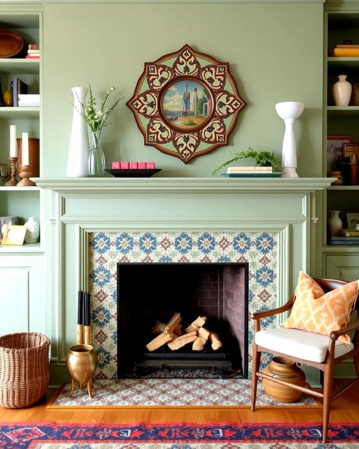 Sage Green Fireplace with Patterned Tiles