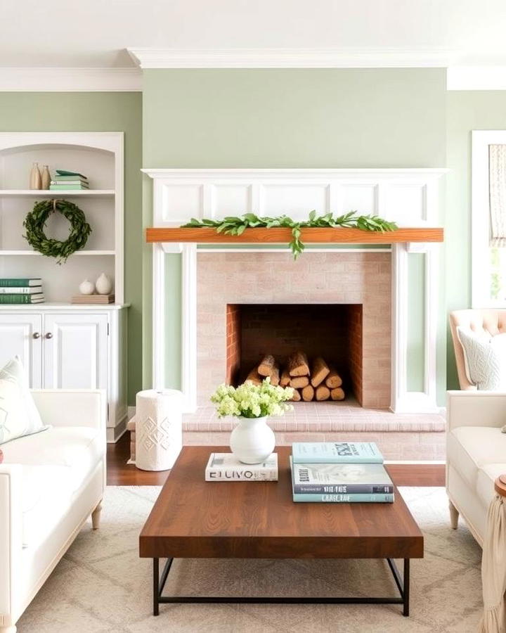 Sage Green Fireplace with White Trim