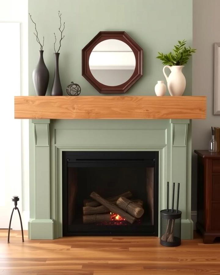 Sage Green Fireplace with Wooden Mantel