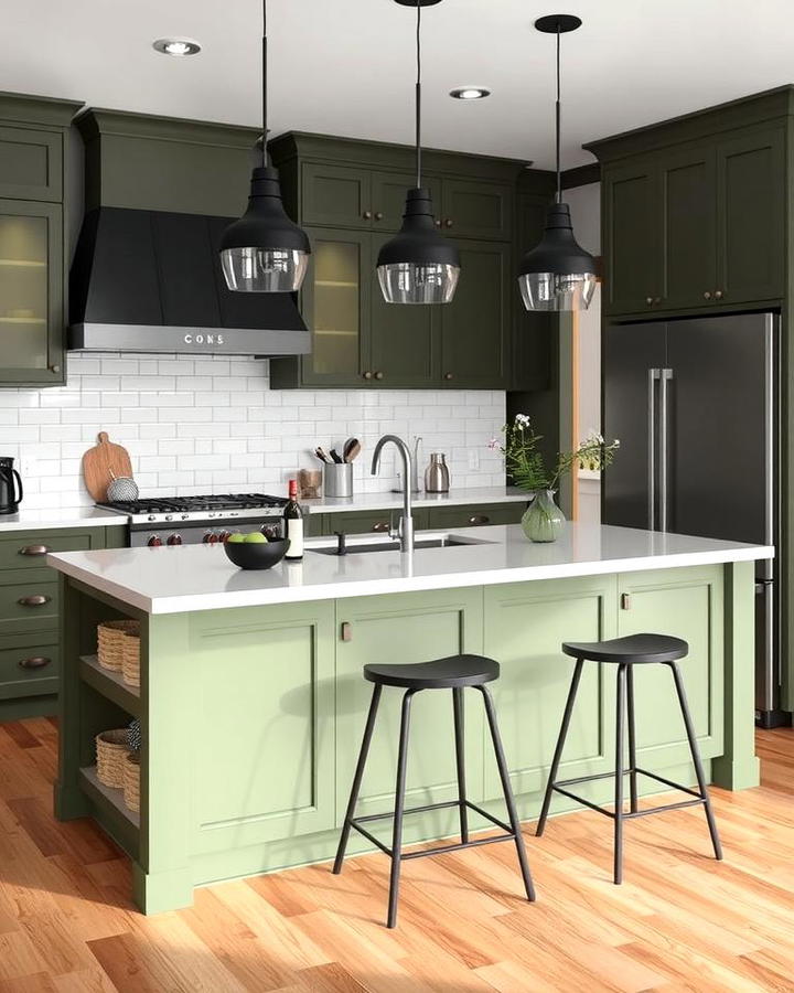 Sage Green Island with Black Pendant Lighting