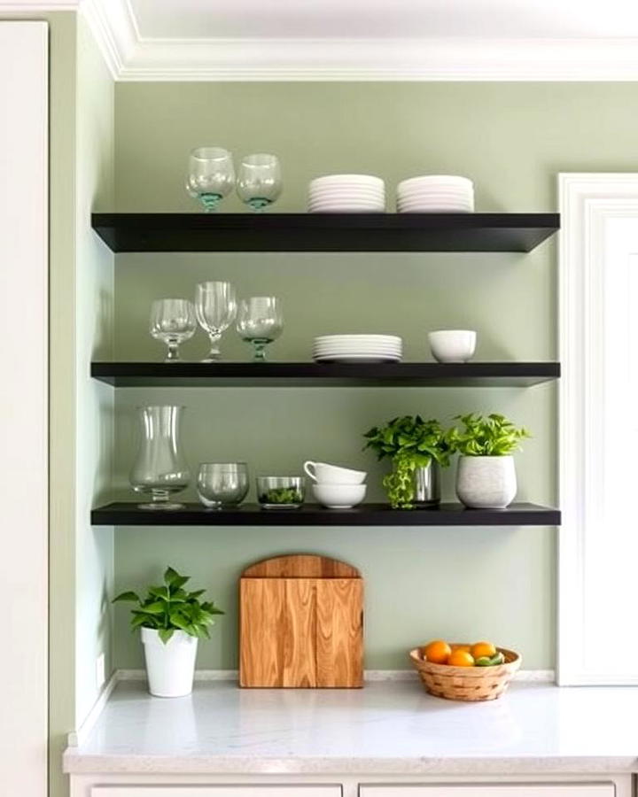 Sage Green Walls with Black Open Shelving