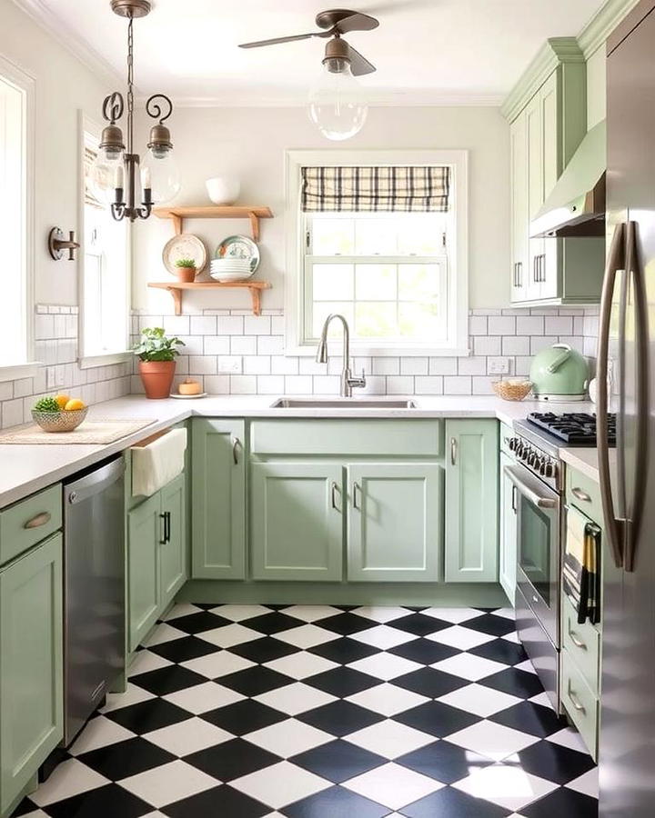 Sage Green and Black Checkerboard Flooring