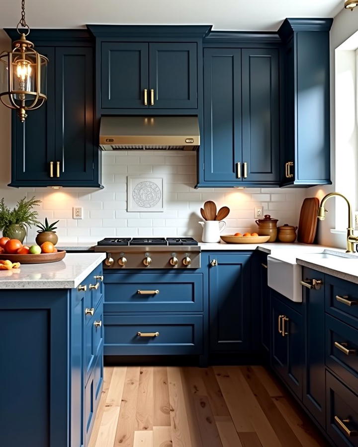 Sapphire Blue Shaker Cabinets with Gold Cup Pulls