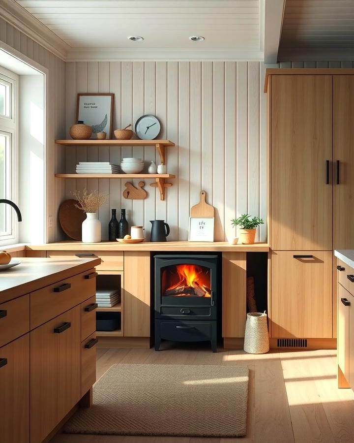 Scandinavian Kitchen with a Compact Fireplace