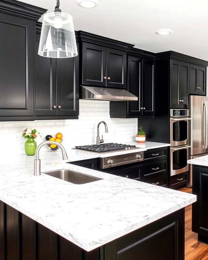 Shaker Style Black Cabinets With Crisp White Granite Countertops