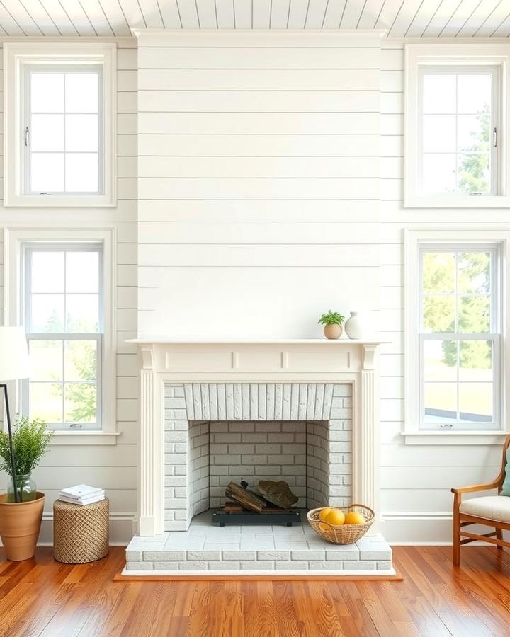 Shiplap Fireplace Between Tall Casement Windows